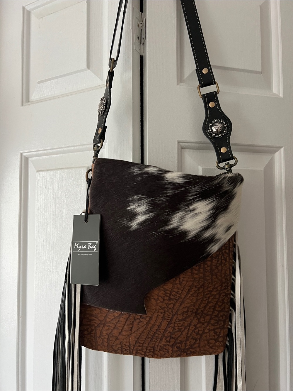 Myra Bag Black & White Haircalf with Brown Textured Leather Crossbody